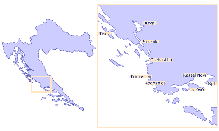 mappa della Dalmazia - zona di Sibenik e Spalato