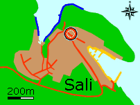 Legenda:
Blu=spiaggia;
Marrone=zona abitata;
Giallo=porto;
Rosso=strada;